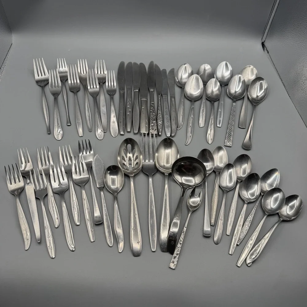 Vintage Mixed MCM Atomic Flatware Set 47pcs Service for 8 Serving Starburst